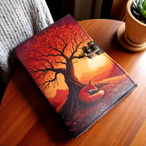 สมุดบันทึกธรรมชาติทำมือ-สมุดบันทึกหนังแท้ ลายฟ็อกซ์ซันเซ็ท ดีไซน์เรียบง่ายสไตล์ป่าไม้ สมุดบันทึกคลาสสิกสำหรับฤดูใบไม้ร่วง สมุดวาดภาพทำมือ - Product Image 1