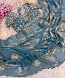 Sari de seda satinada suave de diseñador Fendi con bordado a mano y blusa con borde de arco y costuras 85598 Maruti Fab Jalpa - Product Image 3