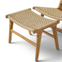Ensemble de canapés de salon et fauteuils de relaxation à dossier haut en bois de teck massif de luxe, avec ottoman et éléments d'appoint en corde tressée à la main pour patio