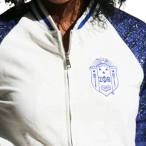 Zeta Phi Beta <b>Sequin</b> Bomber <b>Jacket</b> Women Neutral Royal Blue Zip Up Coat Sparkle Sleeve Greek Sorority Stylish Outerwear - Product Image 5