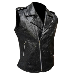 <b>Men's</b> Black PU <b>Leather</b> Biker <b>Vest</b> Moto Style Zipper Closure Turn-down Collar Solid Color Outer Wear Regular Length - Product Image 1