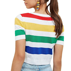 Women's <b>Rainbow</b> Stripe Cropped Knitted T-Shirt Short Sleeve Crew Neck Casual Spring Summer <b>Top</b> - Product Image 6