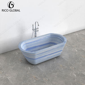 Baignoire autoportante en marbre bleu clair minimaliste, rayures horizontales, luxe haut de gamme, baignoire de trempage pour décoration de salle de bain haut de gamme - Product Image 4