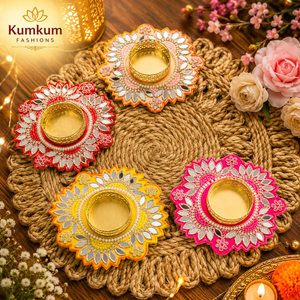 <b>Peach</b> Candle Holder Flower Kundan Work Tea Light Holder for Table <b>Top</b> Decor for Diwali Christmas Ganpati Decoration Lanterns - Product Image 2