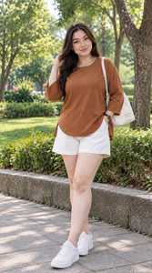 Oneten <b>Women</b> Casual Solid Brown Crew Neck Top And <b>White</b> <b>Shorts</b> Set 2 Piece Loose Fit Outfit - Product Image 4