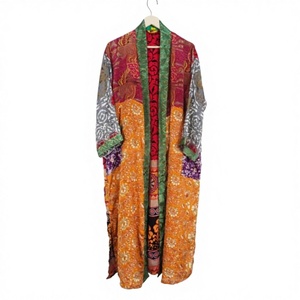 Kimono Robe Unique Fait Main Vintage Japonais 100% Soie Satinée Col en V avec Cordon de Serrage pour Femme, Patchwork Long Élégant et Doux pour l'Été - Product Image 1