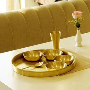 Traditional utensils decorative <b>serving</b> plate bowl <b>spoon</b> glass compact elegant simple small brass <b>serving</b> thali five inch indian - Product Image 6