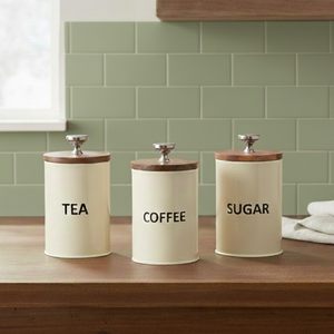 กระป๋องเก็บของในครัวพร้อมฝาไม้ ภาชนะโลหะสำหรับเก็บน้ำตาล กาแฟ ชา - Product Image 1