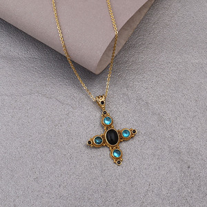 El Joyero Fashion Gold Plated Art Deco Ornate <b>Cross</b> Pendant Necklace with Black Onyx & for Blue Topaz for Women Gift - Product Image 4