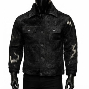 Men's Real Cowhide Leather Winter <b>Jacket</b> Genuine Hair-on-Hide Black White Pattern <b>Western</b> Trucker Coat Vintage Biker Outerwear - Product Image 4
