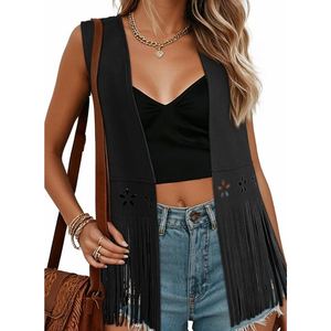 Chaqueta de cuero de gamuza estilo western para mujer, elegante abrigo bohemio con flecos, chaqueta de cuero de gamuza retro estilo vaquera. - Product Image 3