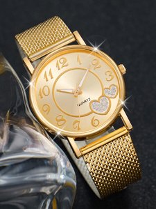 192010 2pcs/set Ladies <b>Mesh</b> Strap Quartz Wristwatch With Heart Shaped Dial and Bracelet - Product Image 2