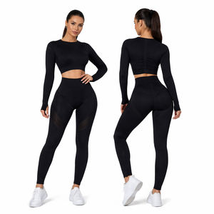 Conjunto de Yoga sin Costuras para Mujer, Top Corto de Manga Larga y Leggings de Cintura Alta con Efecto Push-Up, Ropa Deportiva de Compresión para Gimnasio, Conjunto de 2 Piezas - Product Image 1