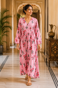 Robe Kaftan en Coton Premium Fait Main Imprimé Floral Blocs de Couleurs Doux Respirant Style Bohème Moderne Longue Maxi Durable Vente en Gros pour Femmes - Product Image 1