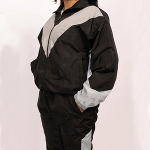 Ensemble de survêtement sportif 2 pièces pour femme, noir et gris, à blocs de couleur, manches longues, coupe ample, col montant, en satin, toutes saisons - Product Image 5