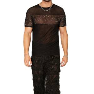 T-shirt en maille transparente avec strass pour hommes, haut sexy transparent et scintillant, tenue de soirée à manches courtes, tenue de soirée à la mode - Product Image 1