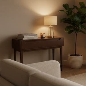 Mesa Consola Redonda Moderna con 2 Cajones, Mesa Auxiliar de Roble Macizo Ecológico para Muebles de Sala de Estar, Diseño Moderno - Product Image 3