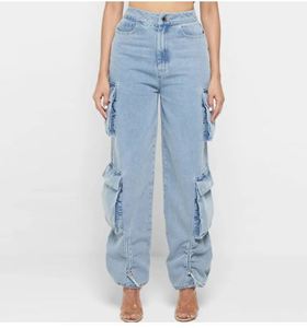 New Fashion Women's Eco-Friendly 100% Cotton Mid <b>Waist</b> Regular Fit Casual Custom Logo CargoWomen Casual <b>Cargo</b> Jeans Multi Pocket - Product Image 3