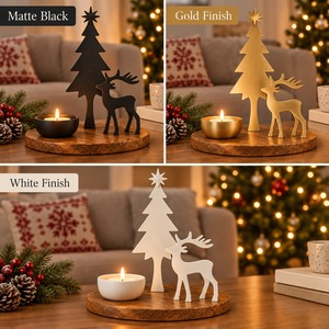 Christmas Tree and Reindeer <b>Candle</b> Holder Wooden Base Minimalist Holiday Decor Tabletop Ornament <b>Winter</b> Theme - Product Image 5