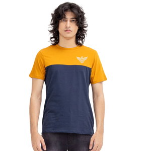 Camiseta de algodón para hombre, color mostaza y azul marino, con bloques de color, cuello redondo, manga corta, informal, atlética, para entrenamiento, fitness, uso diario, verano - Product Image 1