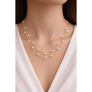 Collier double rang de perles goutte de rosée en or 18 carats pour femme, délicat, avec chaîne à stations de perles blanches, bijoux de mode - Product Image 1
