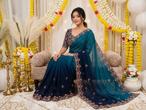 Sari Tradicional Indio para Mujer, Azul, de Seda, con Bordado Floral, Largo hasta el Suelo, Corte Regular, para India - Product Image 3