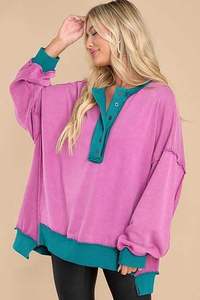 Women's <b>Winter</b> Oversized Pink Hoodie Long Sleeve Button Neck Casual Streetwear Loose Fit Pullover <b>Top</b> with Front Logo - Product Image 4