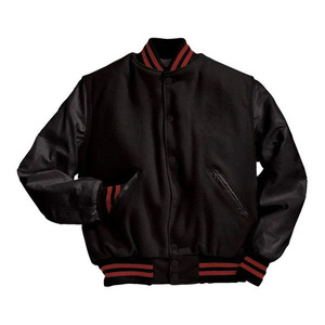Wholesale Men's Streetwear Snap Button Baseball Jacket Vintage All Black College Coat <b>Red</b> Stripe Waterproof Windproof 100% <b>Wool</b> - Product Image 1