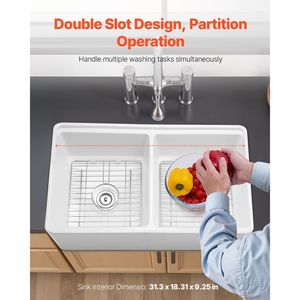 Lavello da cucina a doppia vasca in argilla refrattaria bianca 33x20 pollici, con frontale a grembiule, stile Farmhouse, installazione sottopiano, multiuso - Product Image 3