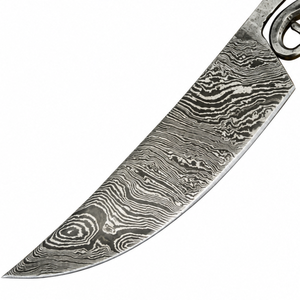 Couteau de chasse gris argenté à motif Damas avec poignée en métal torsadé, lame incurvée et pointue, style artisanal, utilitaire pour l'extérieur - Product Image 4