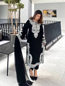 Women's Black Embroidered Kurta Set With <b>White</b> <b>Lace</b> Loose Fit Ankle-Length Traditional Indian Pakistani Wear All Seasons - Product Image 1