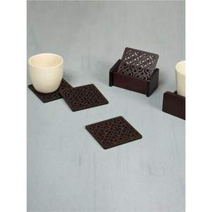 Handmade <b>Walnut</b> Wood Laser Cut Coaster Set with Holder | Decorative Square Wooden Drink Coasters for <b>Coffee</b> <b>Table</b> & Home Decor - Product Image 1