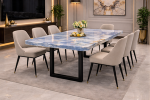 Table à manger de luxe en onyx bleu naturel avec veines dorées, plateau rectangulaire en marbre poli pour villa et hôtel - Product Image 4