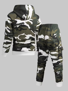 2pcs Solid Terry Fabric Quick Dry 100% Cotton Multi Pocket Sports Fashionable Casual Hooded Two-Piece Set Men's Winter - Product Image 3