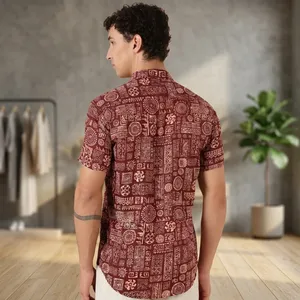 Camisa de Verano para Hombre, Manga Corta, Tejida, con Botones, Color Granate, Estampado Étnico, Cuello Camisero, Estilo Casual - Product Image 4