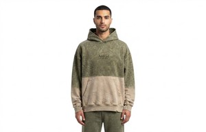 Sudadera con capucha para hombre, color oliva beige, con bloques de color, lavado ácido, efecto desgastado, gráfico topográfico, bolsillo canguro, venta al por mayor, ajuste cómodo - Product Image 5