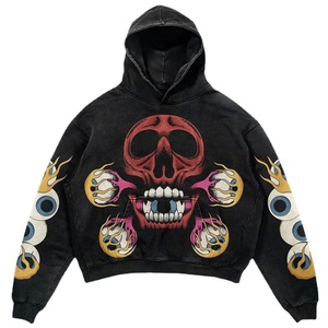 Sudadera con Capucha Gráfica Personalizada OEM para Hombre, Estilo Vintage Lavado, Estampado de Calavera Flameante, Top de Streetwear, Sudadera con Capucha Gráfica para Hombre - Product Image 5