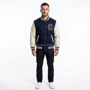 Chaqueta Bomber Varsity de Invierno para Hombre, Personalizada, Bordada, de Lana Teñida, con Mangas de Cuero, Cuello Alto, Estilo Casual - Product Image 1