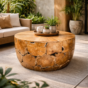 Table ronde en teck rustique de luxe ARTERRA, table basse artisanale en bois naturel, meubles de salon, meubles de maison, Indonésie - Product Image 3