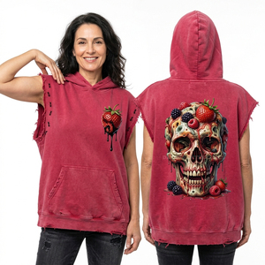 Sweat à capuche rouge personnalisé délavé à l'acide, motif crâne fondu, impression fil barbelé sur les manches, streetwear gothique, pull vieilli, fabricant - Product Image 5