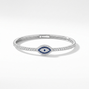 RCK Global Vintage <b>Evil</b> <b>Eye</b> Bangle <b>Bracelet</b> 14K White Gold Plated 925 Sterling <b>Silver</b> Blue VVS1 Moissanite Protective Cuff Gift - Product Image 1