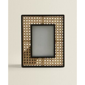 Handcrafted Natural Rattan Webbing Photo <b>Frame</b> With Modern <b>Black</b> Wood Border Eco-Friendly Boho Style Picture <b>Frame</b> For Tabletop - Product Image 1