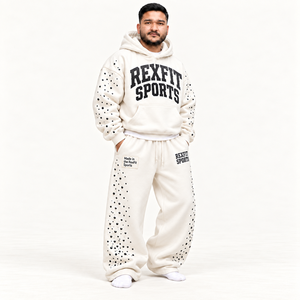 REXFIT SPORTS <b>Men's</b> Hoodie Tracksuit Set <b>White</b> Cotton French Terry Printed Casual Autumn Wear <b>Joggers</b> - Product Image 2