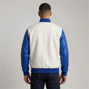 Veste de sport bleue pour homme avec manches en cuir PU jaune, lettre S brodée, fermeture à boutons sur le devant, style preppy, vêtement d'automne - Product Image 5