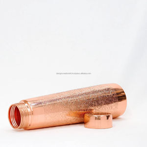 Tall Copper Water <b>Bottle</b> with Floral Etching Design Shinny Mirror Finish & <b>Plastic</b> Lid Pure Copper <b>Bottle</b> for Health Benefits - Product Image 2