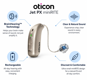 Audífonos Recargables Oticon Jet 1PX Mini RITE de Última Generación para Pérdida Auditiva de Moderada a Severa (2 Audífonos, 1 Cargador) - Product Image 2