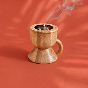 Handcrafted Wooden Incense <b>Burner</b> Featuring Hourglass Pedestal Base <b>Side</b> Handle Contrast Black Interior Bowl Use For Fragrance - Product Image 4