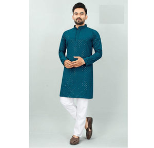 Men traditional rayon <b>kurta</b> with chikan work paired with cotton pajama for ethnic celebrations and daily festive use - Product Image 4