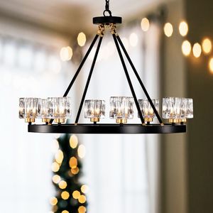 Lampadario a Ruota di Carro in Oro Nero Opaco, Moderno Stile Rustico, Piccola Lampada a Sospensione in Cristallo per Soggiorno, Isola Cucina, Ingresso - Product Image 2