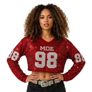 Custom <b>Rhinestone</b> <b>Crop</b> American Football Jersey Women Long Sleeve Glitter <b>Top</b> Y2K Mesh Boutique Wear Red Glitter Women <b>Crop</b> <b>Top</b> - Product Image 1